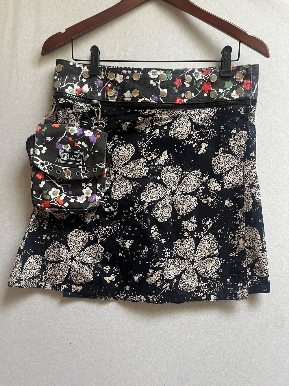 Zand Amsterdam Reversible Wrap Skirt Floral Geometric Adjustable Snap Pouch